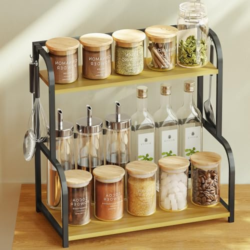 Wonthior Coffee Bar Station Kitchen Shelf Storage Organizer Spice Rack Wooden Coffee Accessories Shelves 2 Tier - Small Desk Worktop Shelving