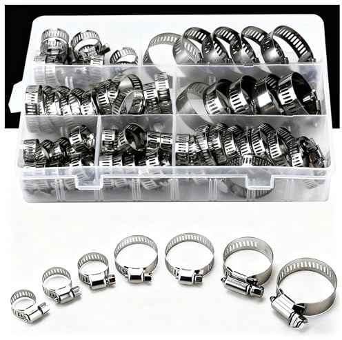 60 Stk Schlauchschellen Set, Einstellbare 8-38 mm Schlauchschelle, Edelstahl Rohrschellen Sortiment, 7 Größen Schlauchklemme für Wasserleitung, Autoleitung
