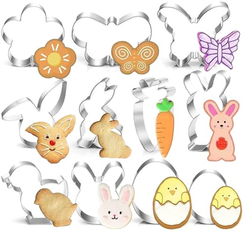 GWAWG 11Pcs Easter Cookie Cutter Set, Stainless Steel Biscuit Cutters for Baking Bunny Easter Egg Flower Chick Butterfly for Party Cookies