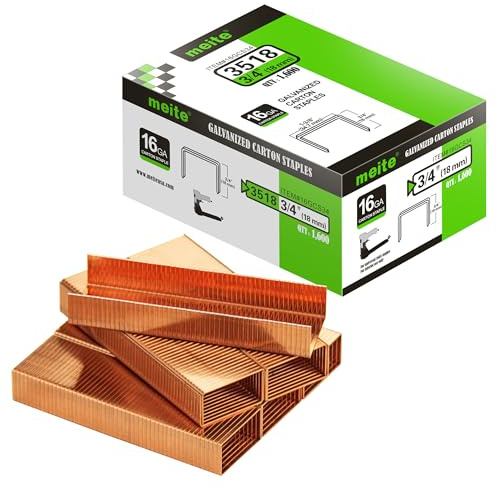 meite Grapas para Cierre de Cajas, Calibre 16, Corona Ancha de 35 mm, Pata de 19 mm, Recubrimiento de Cobre, para Grapadora Neumática o Manual de Cajas, Cierre de Cartón y Embalaje, 1.600 Uds