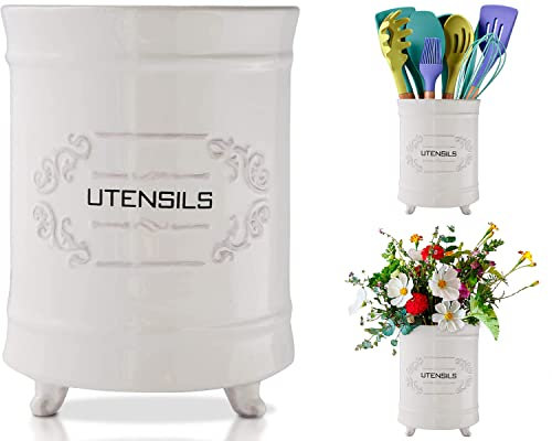 French White Ceramic Utensil Holder - Vintage Style Kitchen Utensil Caddy - Antique Design Cooking Utensil Organizer - Rustic French Country Utensil Crock for Cooking Enthuziast