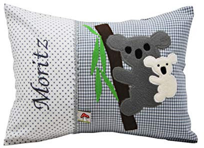 Glückspilz Namenskissen Babykissen I Koala I mit Namen personalisiert I Geschenk zu Geburt, Taufe oder Geburtstag I Grau I 25 x 35 cm