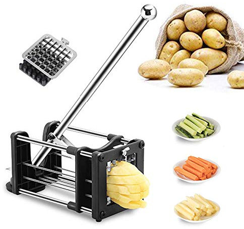 JanTeel Pommes Frites Schneider, Edelstahl Pommesschneider Kartoffelschneider Gemüseschneider und Obststiftler mit 2 Klingen und rutschfeste Füße, ideal für Kartoffeln, Karotten, Gurken