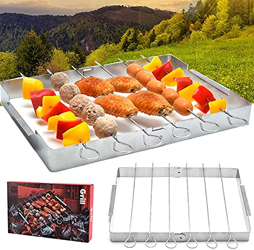 Yeehliny Grillspieße Edelstahl,Grill-Zubehör,Fleischspieße, Schaschlikspieße,Grillspieße mit Halterung, Wiederverwendbare Edelstahlgrill für Camping Outdoor Garten Kochen Wandern Picknick (25x35cm)