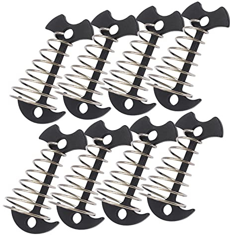 Bytiyar 8 Stück Aluminiumlegierung 6,6 cm Fischgräten-Zeltheringe Deck Anker Heringe mit Federseil Schnalle Haken Schnur Einsteller Spanner Kit für Camping auf Holzplattform Schwarz