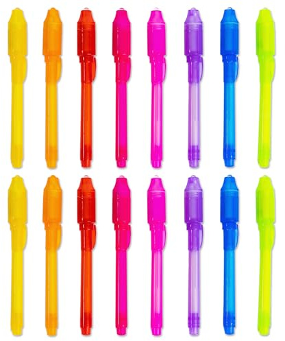 Toyseum 16 x Invisible Ink Pens With UV Light, Spy Pens for Writing Secret Messages, Fillers for Kids Party Bags, Magic UV Marker for Boys & Girls, Favours for Children's School Prizes, Pack of 16