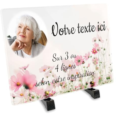 Plaque funéraire Rectangle avec Photo Personnalisable en plexi Motif Fleurs Roses, différentes Tailles, épaisseur 6mm, personnalisée sur Plusieurs Lignes 30x20 cm