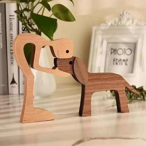 Holzskulptur Ornamente,Familien-Welpe Holzschnitzerei Ornamente, Hundefiguren Ornamente,Abstrakte Stil Menschen mit Hund Statue,Handgeschnitzte Figur,Holzschnitzerei Kreative Geschenke Hund (Stil A)
