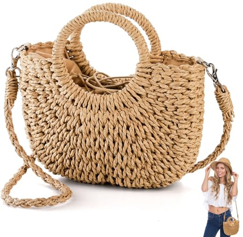 Noamus Women Straw Handbag, Mini Summer Beach Rattan Tote Bag, Woven Semi-circle Clutch Bag Handmade Purse, Small Crossbody Crochet Handbag with Top Handle for Travel, Vacation, Brown