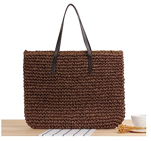 Yurosiay Damen Stroh Handtasche Groß Schultertasche Stroh Handgemachte Gewebte Strohtasche Sommer Damen Strandtasche Stroh Vintage Geflochten Umhängetasche Stroh Mit Reißverschluss Dunkelbraun