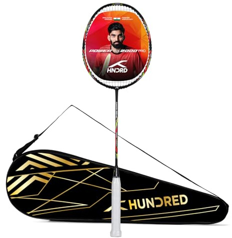 HUNDRED Powertek 2000 PRO Grafit Strung Badmintonracket med fullt rackskydd (svart) | För mellanspelare | Vikt: 90 gram | Maximal strängspänning - 25-25 pund