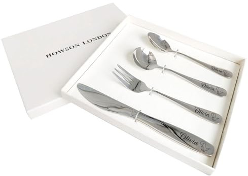 EDSG Personalised Cutlery Set for Kids Childrens Toddler Cutlery Kids Cutlery Set with Any Name Custom 4pcs Engraved Knife Fork Spoon Stainless Steel Cutlery Gifts with Rabbit Bear Image(Dinosaur)