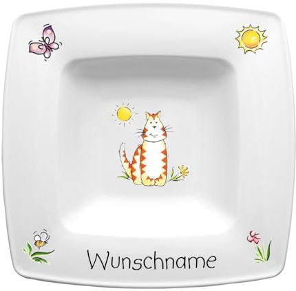 Doriantrade Suppenteller eckig 22cm Kinderteller Teller Porzellan Katze personalisierbar mit Wunschname Name Kindergeschirr mit Namen personalisiert