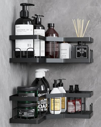 Shower Caddy, 2 Pack Black Bathroom Shelves, Adhesive Shelf Storage No Drilling, Carbon Steel Shower Organiser, Rust-Resistant Caddy Corner, Soap Holder, Bathroom Accessory