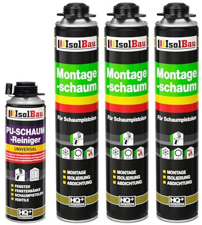 Isolbau Bauschaum-Set - Inkl. 3 x 1K Montageschaum B2 Pistolenschaum mit hervorragender Schall und Wärmedämmung (je 750 ml) & 1 x PU-Schaum-Reiniger (500 ml), Verfüllen