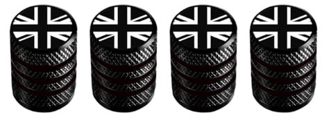 Marcraft Corrosion Resistant (Black) (Laser Engraved Union Jacks) Metal Tyre Wheel Alloy Valve Caps Dust Caps (4 Pack) Universal for Cars, SUVs, Bicycles, Motorcycles, Trucks | Plastic Insert