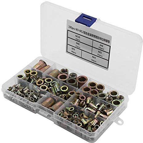 AYKANING Blindnieten Set,Blindnieten 190pcs Carbon Steel Rivet Muttern M3 M12 Flachkopf Rivet Nuts Set Sortiment Kit Multi Größen Nuts Insert Riveting Reparatur-Werkzeuge