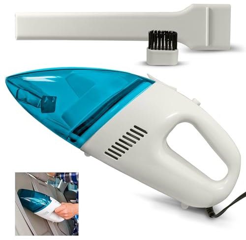 Eaxus KFZ Handstaubsauger Stark - Beutelloser 12V Staubsauger Auto, Wohnmobil und Wohnwagen mit Anschluss für den Zigarettenanzünder, Weiß