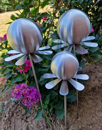 Jürgen Bocker Garten-Ambiente Blütenzauber Rotterdam 3er Set Rosenkugel 15/15/10 cm Edelstahl Gartenstecker Deko mit Stab 80 cm (Silber matt)