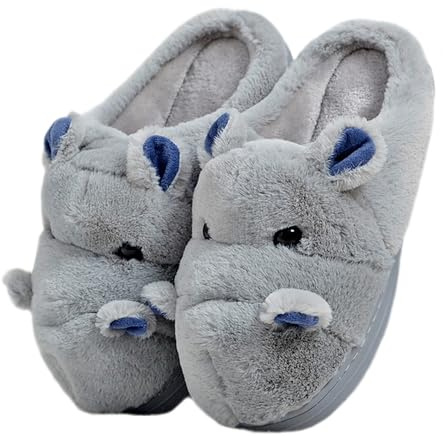 LANFIRE Niños y adultos zapatillas de algodón hipopótamo casa zapatillas de felpa zapatillas de animales, gris, 38/39 EU Estrecho