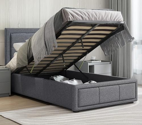 Blisswood Single Bed Frame, 3ft Upholstered Ottoman Bed, UKFR Linen Fabric Ottoman Storage Bed With Gas Lift End Opening Wooden Slats With Storage (3ft Single, 100 x 204 cm, No Mattress)