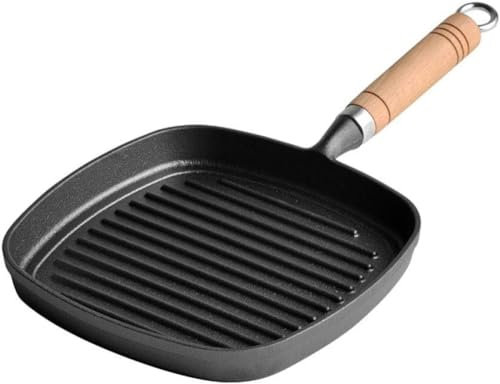 HPTHLY Padelle per bistecche in ghisa Padella a Strisce con Manico in Legno per friggere la Cucina, bistecchiera per Piano Cottura a induzione a Gas Compatibile