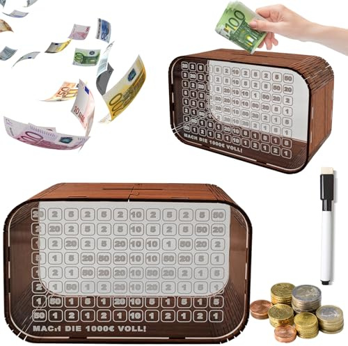 Spardose, 1000€ Sparbox Holz mit Zahlen Ankreuzen, Acryl Transparente Holzspardose mit löschbarem Stift, Sparschwein für Geld Sparen, Sparchallenge, Goalsaver Box