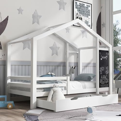 Qiang Cama Infantil 90X200cm con Protección contra Caídas Y Somier Enrollable,Cama De Casita con Estructura De Techo para Niños Y Niñas