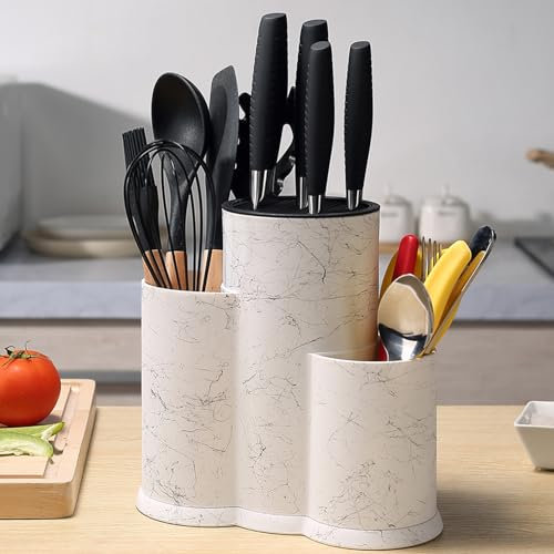 Portacoltelli universale, 3 in 1, rotondo, senza coltelli e porta utensili, porta coltelli rimovibile per una facile pulizia, salvaspazio, con fessura per forbici, bianco