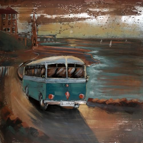 Handgefertigtes Metallbild Sonnenaufgang Bus ca. 97x97 cm Kunst Bild 3D-Optik Wandbild