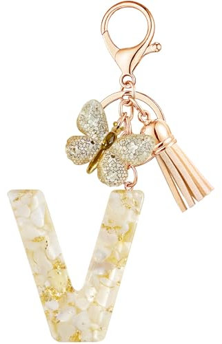 Vorysum Schlüsselanhänger Mädchen Schlüssel Schmetterling Buchstabe Anhänger Beige Marmor Harz Mit Anfangsbuchstaben Gold Schlüsselringe Kinder Schlüsselanhänger Personalisiert Keychain Geschenk（V）