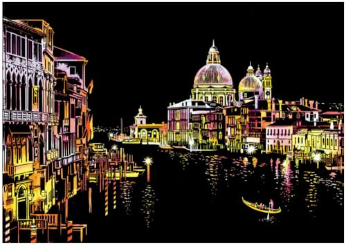 Asudaro Kratzbilder Set,DIY Bastelsets,Kratzmalerei-Set,Metropolitan Nachtszene Kratzmalerei-Set mit Wahrzeichen der Stadt,Feuerwerk Magic Scratch Art Papier Set,Nachtansicht Kratzpapier (Venedig)