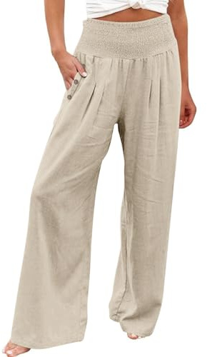 Femme Été Coton Lin Pantalon Jogging Large Tendances Haute Pantalon Femme Taille Elastique Taille Elastique Detente Large Coton Lin Chic Et Elegant Tenue Et Ventes Flash du 12#Beige 3XL