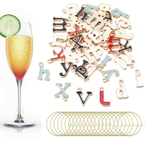 NHQZ 26 Pezzi Segnabicchieri Marcatori di Ciondoli per Bicchieri di Vino,26 Lettere colorate a tema,Segna calici da vino,Calici Charms per Calici,Decorazioni per Feste Degustazione di Vini