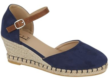 Shoes By Emma Women's Faux Suede Peep Toe Elasticated Slingback Hessian Espadrille Wedge Sandals (Dark Blue, UK Footwear Size System, Adult, Women, Numeric, Medium, 5)