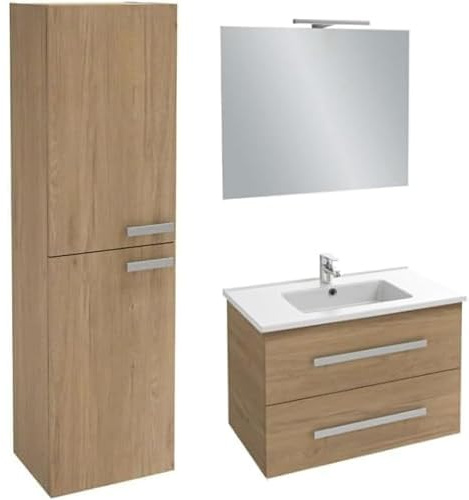 Jacob Delafon, Meuble Colonne Ola UP 40cm, Grande Capacité, Porte Réversible, Poignées Métal, Chêne Colorado + Meuble Ola UP 80cm, Plan Vasque & Miroir 80cm, Pack Tout-en-1, Spot LED