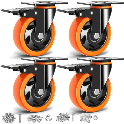 EINESIN 4/10cm Caster Wheels Heavy Duty with 4 Brakes + Screws Pack of 4 No Floor Marks Silent Caster for Furniture - Rubbered Trolley Wheels Industrial Casters with Brake, Locking Casters