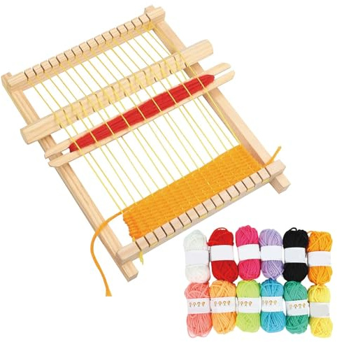 DXPETA Wooden Weaving Loom Kit, 21x16cm Weaving Frame Looms for Kids, Weaving Kit Educational Toy Set with 12 Coloured Yarns, Rods,Combs and Shuttles, Suitable for Beginner & Kids