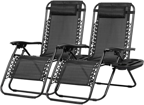 Gartenliege klappbar & wetterfest. Set Sonnenliege klappbar. Wetterfeste Gartenliege mit Tisch, Kopfstütze & Getränkehalter. Relaxliege für Garten. Sonnenschutz. Auto (2 Schwarze Liegestühle)