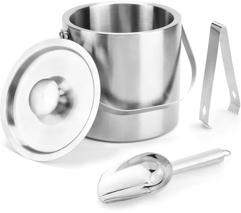 Harewtwy Portable 3 Liter Double-Wall Ice Buckets for Parties with Lid, Scoop, Tongs, Stainless Steel Ice Container