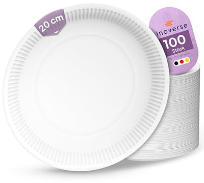 Inoverse Pappteller 100 Stück Rund 20 cm Weiß, Einwegteller aus Pappe | Stabil Umweltfreundliche Papierteller, Kuchenteller, Einweggeschirr, Partygeschirr, für Kita, Snacks, Feiern, Veranstaltungen
