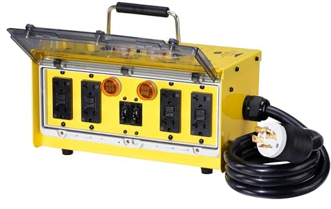 YARWELL Upgraded 30-Amp Power Distribution Box, Spider Box Electrical 125/250V, 8x20A Outlets, Dual Voltage/Current Display, Twist-Lock, Dustproof & Waterproof Covers, GFCI, ETL, OSHA, NEC