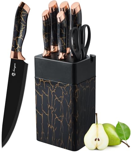 micocali Kitchen Knives with Block, Stainless Steel Kitchen Knife Set (Black Gold)