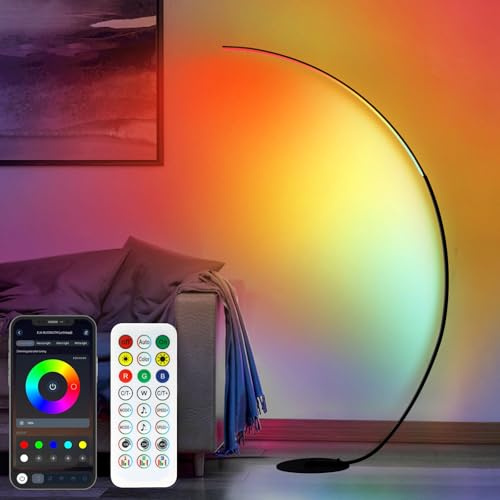 POWROL lampada da Terra Arco RGB Piantana LED Multicolore Luce Dimmerabile Timer da 1/2/4 Ore Memoria che Oscilla con la Musica con app Lampada da Terra Salotto Sala Giochi Discoteca