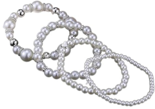 RICUHJIAJU 4 PCS Bracelets Perles Femme, Exquis Bracelet de Perles Simulées Blanc, Empilable Bracelets Perle Blanches, Bijoux en Perle pour Femmes Mariage Fête Vie Quotidienne (Argent)