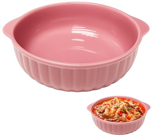 Rund ugnsform, keramik, lasagne-ugnsform för varmluftsfritös 19 x 16,5 x 5,5 cm, lasagneform ugnsformar, slät glasyr bakform rund, för lasagne, pommes frites, soppa (ljusrosa)
