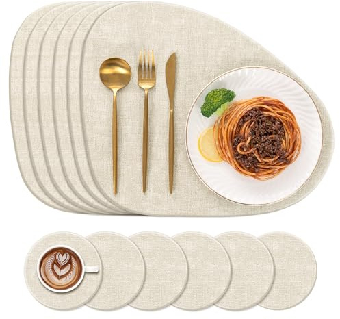 Enyhom Leder Tischsets Abwaschbar 6er mit Untersetzer, Hitzebeständig rutschfest Platzsets Wasserdicht Abwischbar, Doppelseitige Platzdeckchen für Küche, Teller, Tisch, Beige