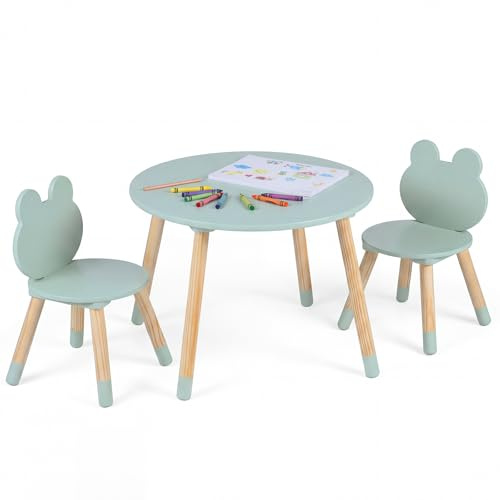 COSTWAY Kindertisch mit 2 Stühlen in Froschform, 3 teilige Kindersitzgruppe mit Kiefernholzbeinen, Kinder Tisch Stuhl Set innen, runder Maltisch für Kinder ab 3 Jahren (Grün)