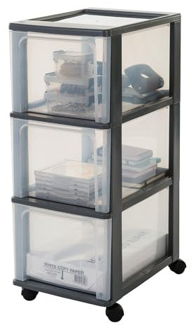 Iris Ohyama, Kunststoff Schubladenbox mit 3 tiefen Schubladen, Schwarz, Easy-Pull-System, A4, A5 & A6 Format, Schreibtisch Organizer für Büro, Schreibwaren, BPA-frei, Schubladenschrank, OCH-2300