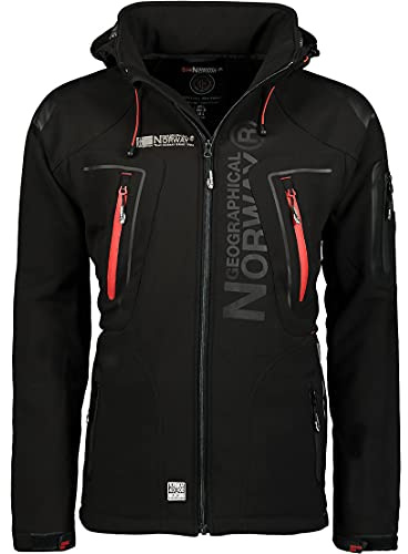 Geographical Norway TECHNO MEN - Chaqueta Softshell Impermeable Hombres - Capucha Hombre Transpirable Exteriores - Chaqueta Invierno Viento - Actividades Ideales Para Exteriores (NEGRO L)